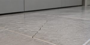 Close view of a hairline crack across a grey kitchen floor tile beside intact grout joints