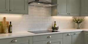 Cream metro tile splashback between a kitchen worktop and wall cabinets with a taller cooker section