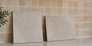 Tile samples beside an existing tiled kitchen splashback during renovation planning